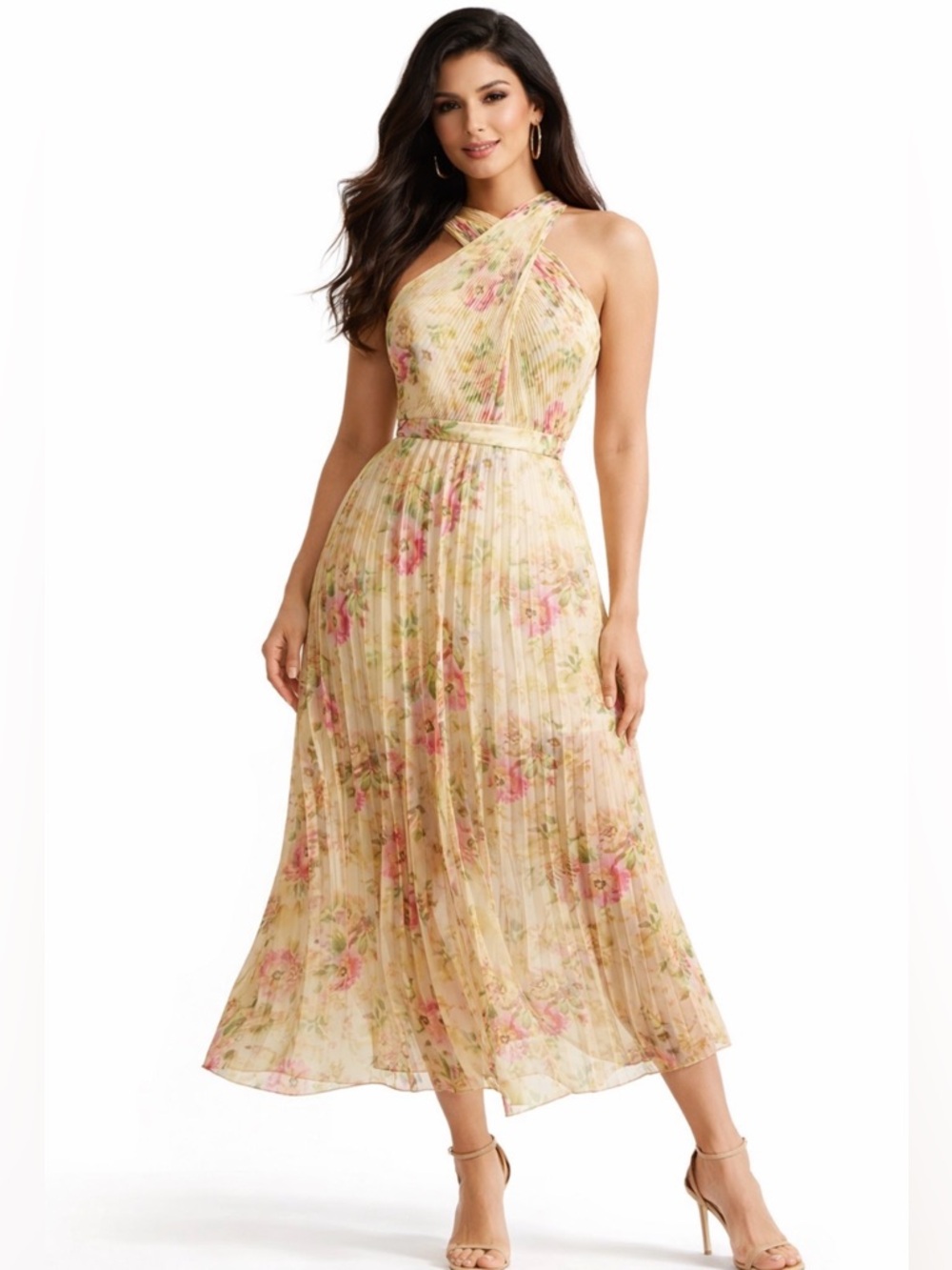 Ted Baker London One-Shoulder Pleated Midi Dress in Cream with Pink Floral